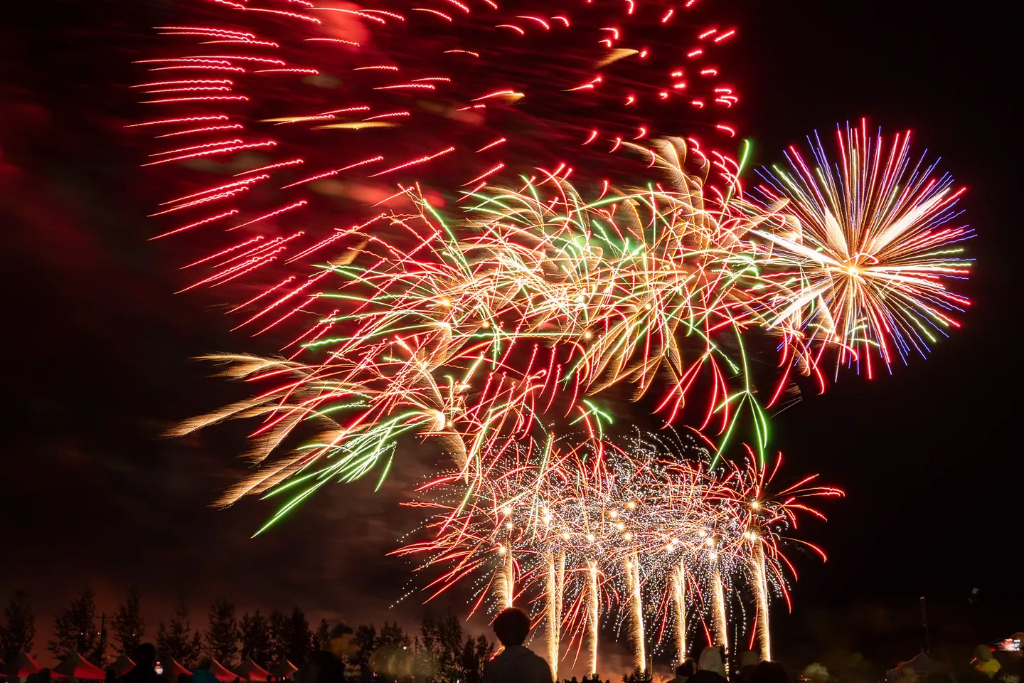 Colourful fireworks spreading above a nighttime crowd