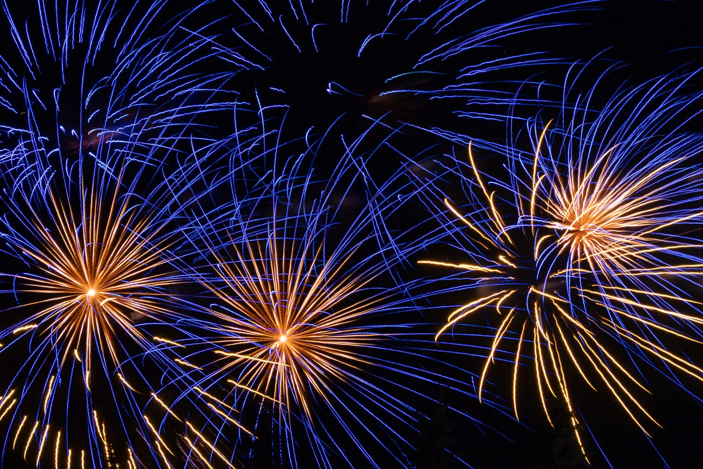 Blue and gold fireworks spreading across a black sky