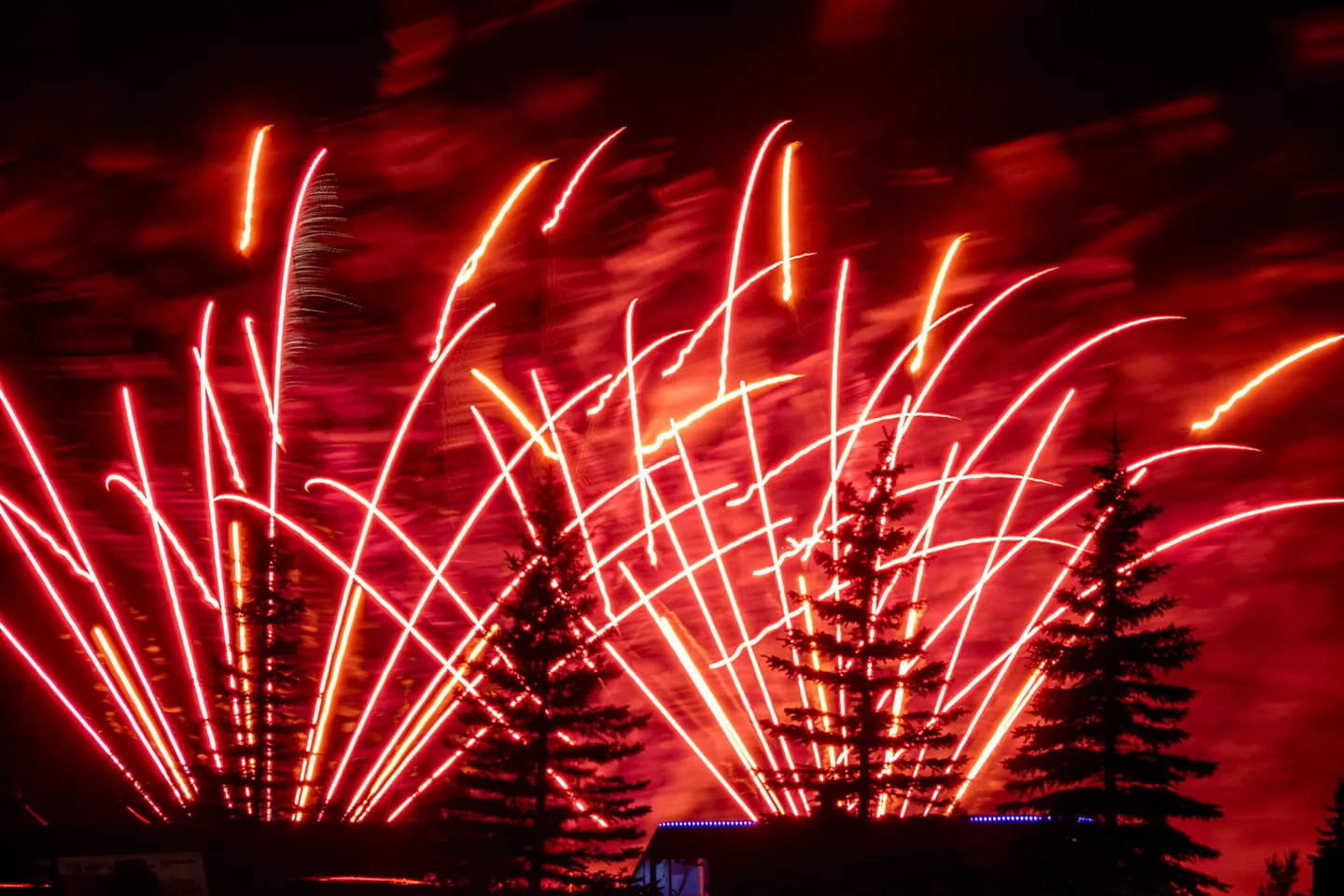 Red fireworks rising in arcs behind dark spruce trees